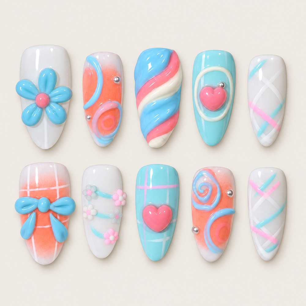 Ivory Floral - White Floral & Spiral Press-On Nails