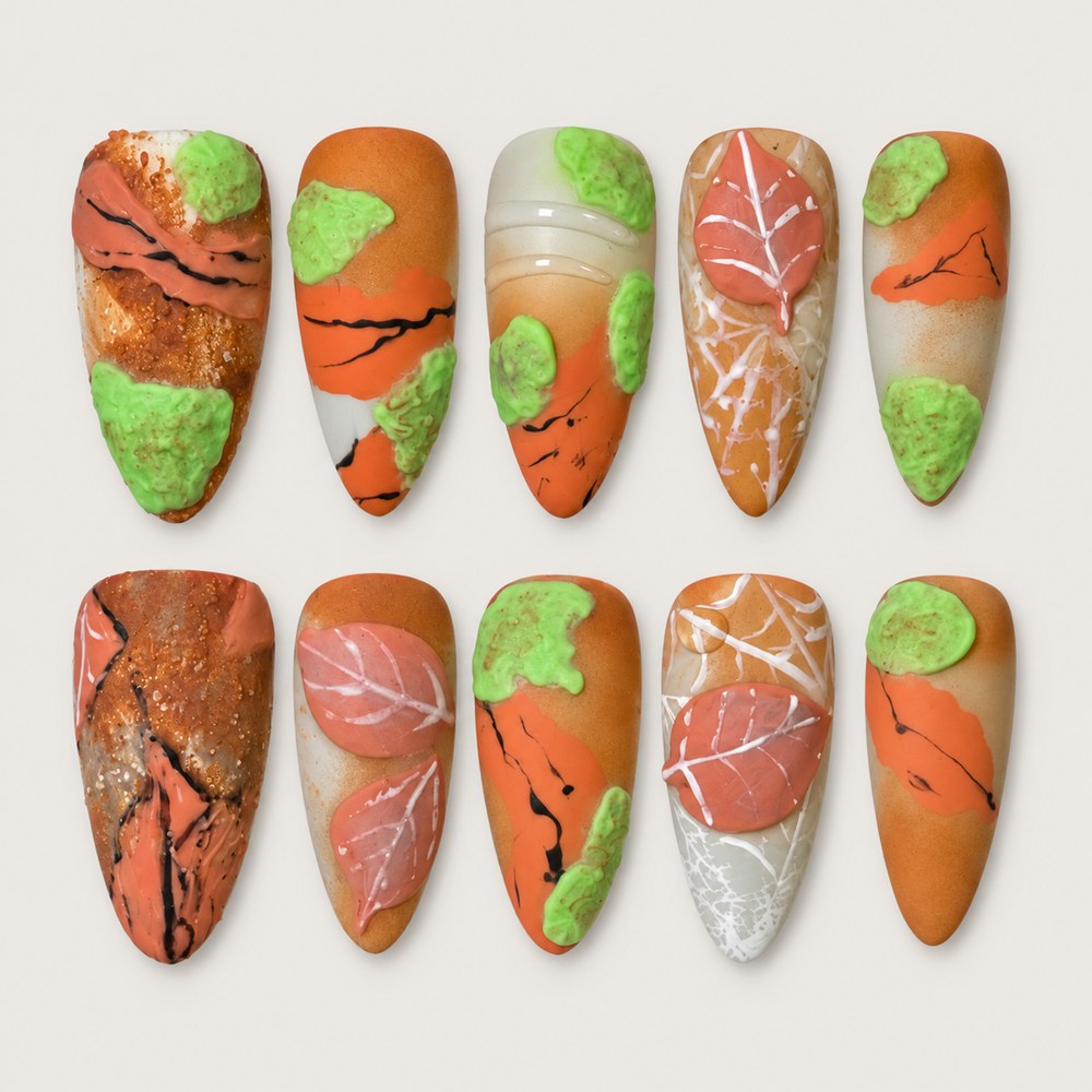 Cocoa Leaves - Brown Leaf & Marbled Swirls Press-On Nails