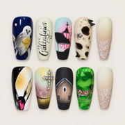 ACEGRIP Midnight Petals press-on nails in navy blue, white, peach nude, and mint green, with floral accents, style DX7070