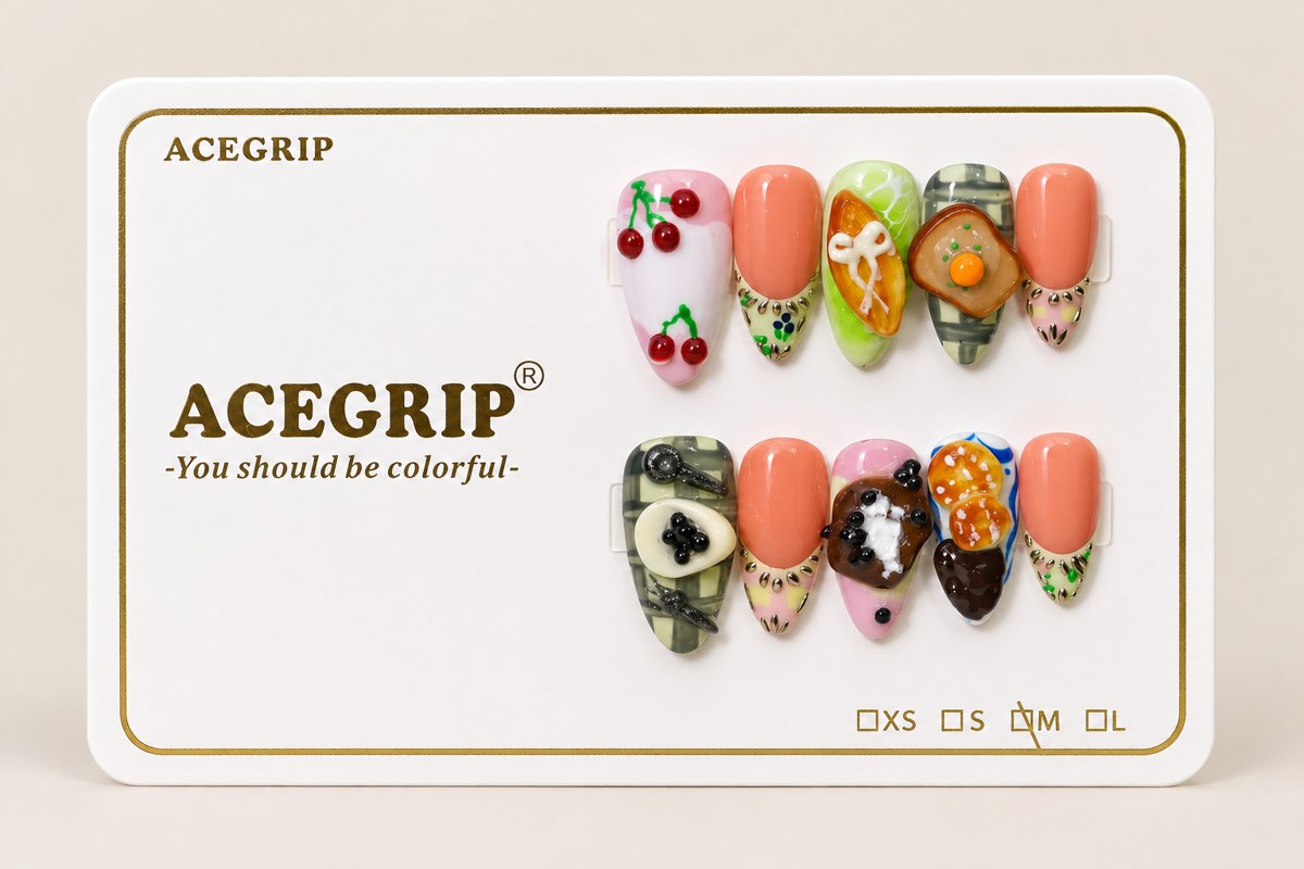 ACEGRIP Blush Cherry, style DX7073, complete 10-nail set on its presentation card