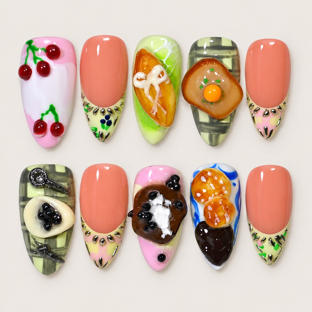 ACEGRIP Blush Cherry press-on nails in peach nude, pink, green, and brown, with cherry motifs, style DX7073