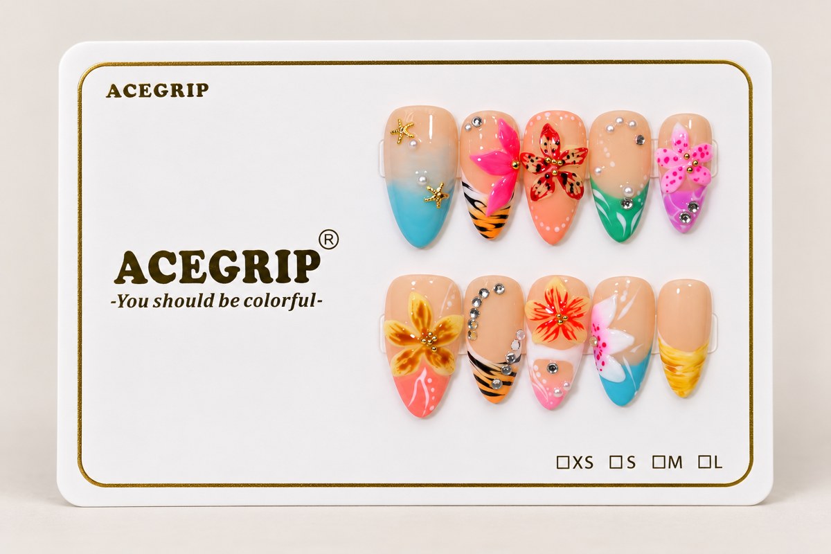 ACEGRIP Blush Petal Zebra, style DX7074, complete 10-nail set on its presentation card