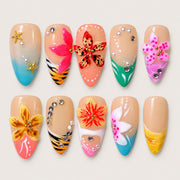 ACEGRIP Blush Petal Zebra press-on nails in peach nude, blue, pink, and yellow, with floral accents, style DX7074