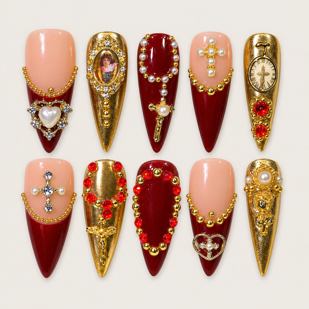 ACEGRIP Scarlet Frames press-on nails in red, peach nude, and gold tones, with ornamental frames, style DX7075