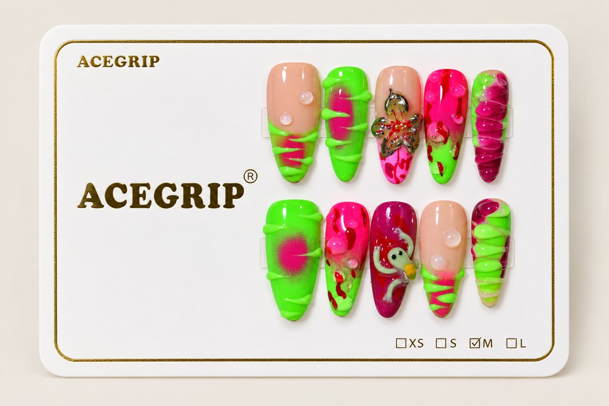 ACEGRIP Blush Drizzle, style DX7076, complete 10-nail set on its presentation card