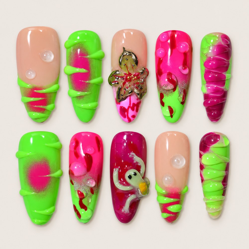 ACEGRIP Blush Drizzle press-on nails in peach nude, lime green, pink, and red, with dripping outlines, style DX7076