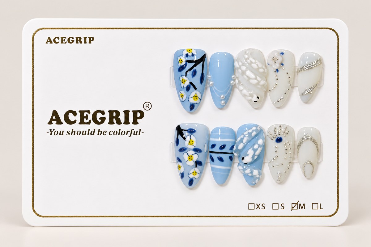 ACEGRIP Azure Garden, style DX7077, complete 10-nail set on its presentation card