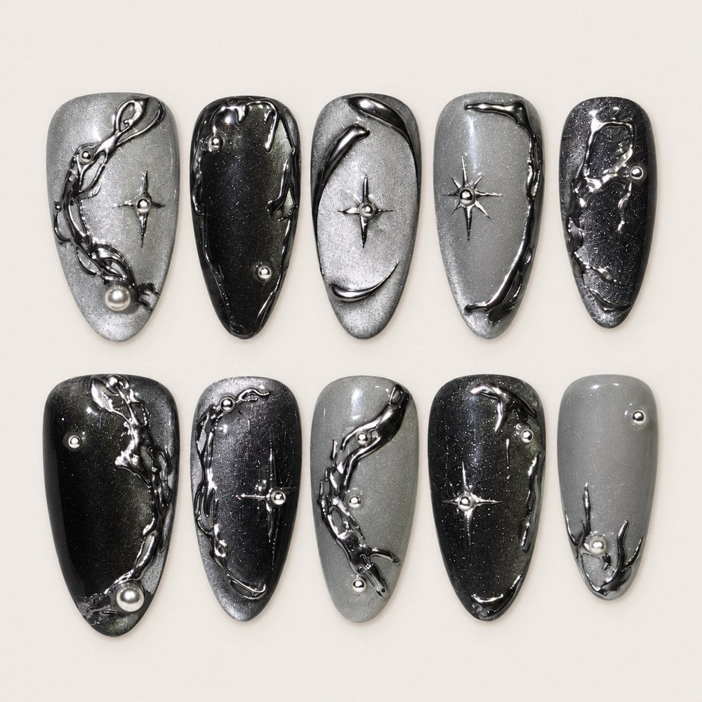 ACEGRIP Smoke Branches press-on nails in grey, black, and silver tones, with branch-like linework, style DX7078