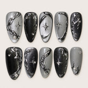ACEGRIP Smoke Branches press-on nails in grey, black, and silver tones, with branch-like linework, style DX7078
