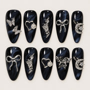 ACEGRIP Onyx Butterfly press-on nails in black and silver tones, with butterfly motifs, style DX7079