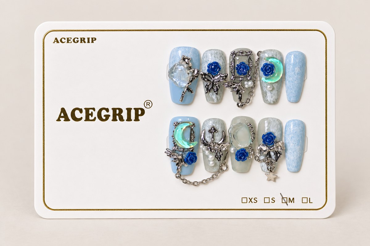 ACEGRIP Azure Roses, style DX7080, complete 10-nail set on its presentation card