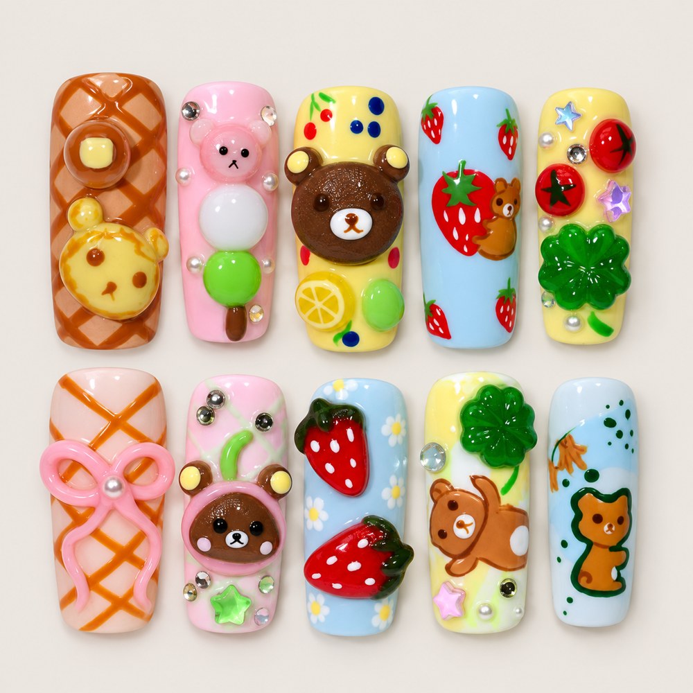 ACEGRIP Rose Companions Berry press-on nails in pink, blue, yellow, and peach nude, with animal accents, style DX7082