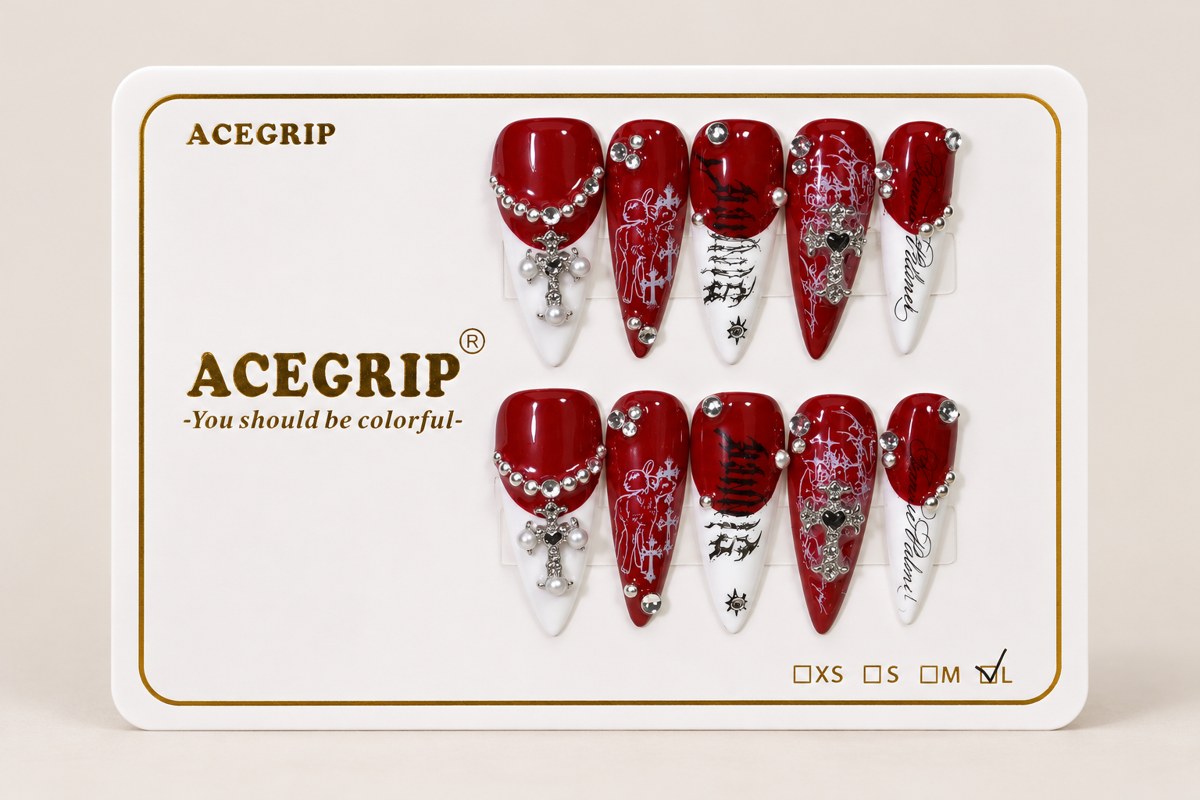 ACEGRIP Scarlet Cross, style DX7084, complete 10-nail set on its presentation card
