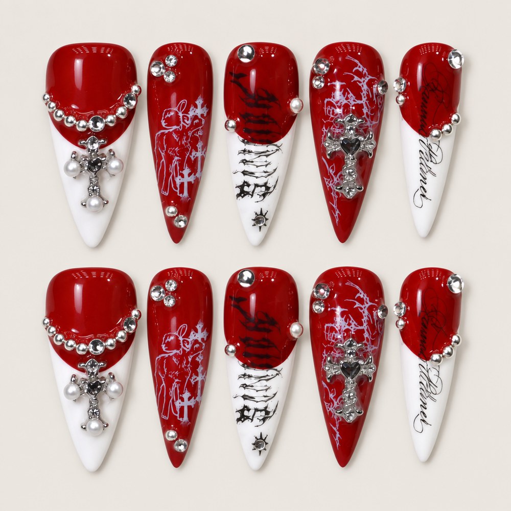 ACEGRIP Scarlet Cross press-on nails in red, peach nude, white, and silver tones, with cross motifs, style DX7084