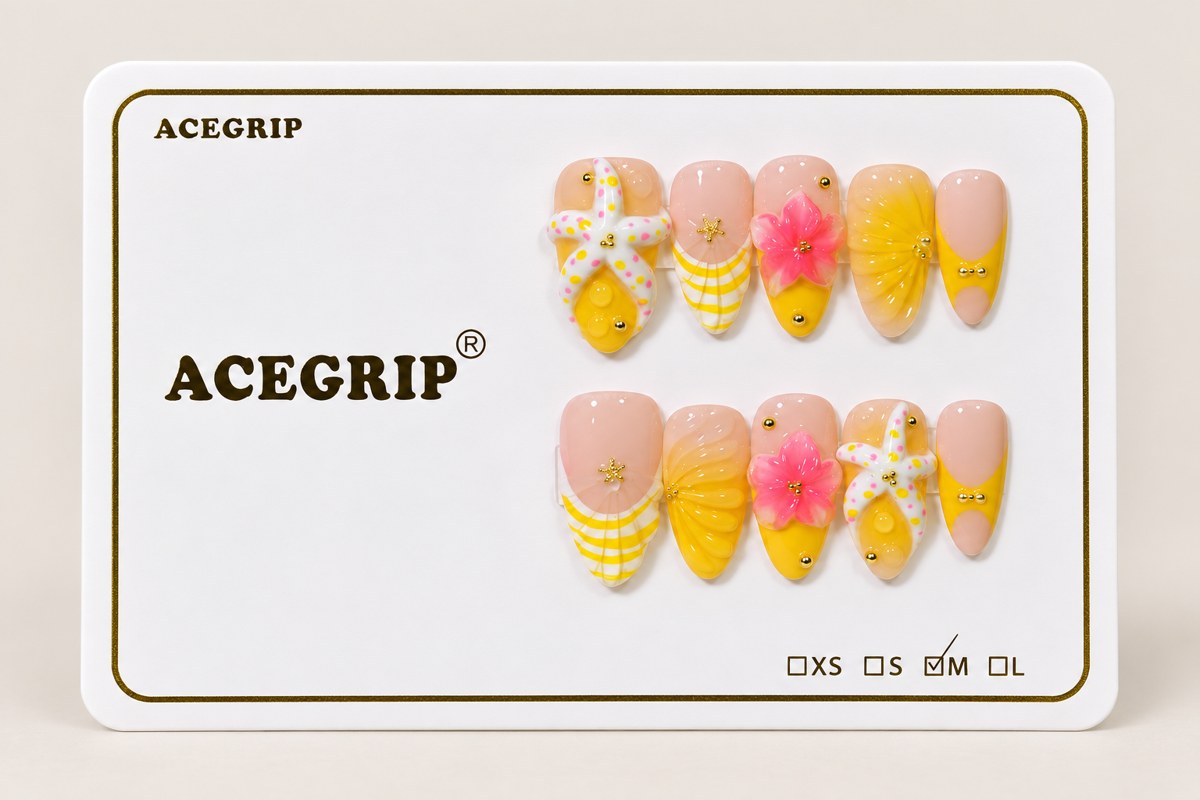 ACEGRIP Blush Petal Shells, style DX7086, complete 10-nail set on its presentation card