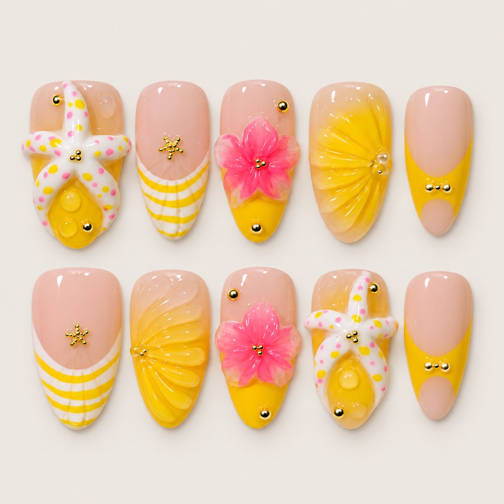 ACEGRIP Blush Petal Shells press-on nails in peach nude, yellow, pink, and white, with floral accents, style DX7086