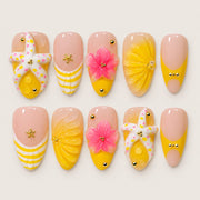 ACEGRIP Blush Petal Shells press-on nails in peach nude, yellow, pink, and white, with floral accents, style DX7086