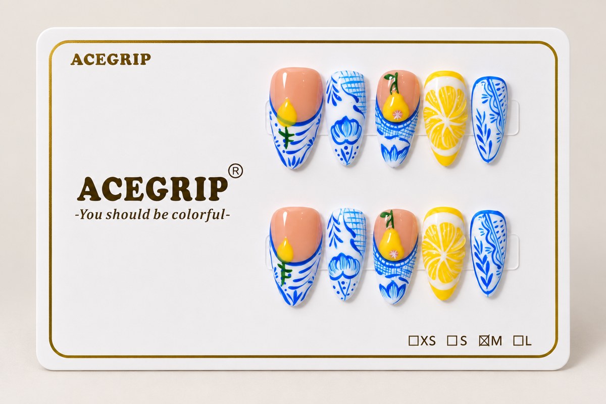 ACEGRIP Blush Citrus Porcelain, style DX7087, complete 10-nail set on its presentation card