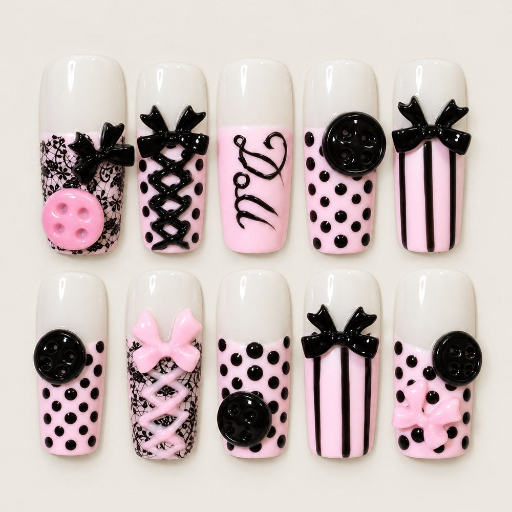 ACEGRIP Ivory Bow press-on nails in white, pink, and black, with bow accents, style DX7088