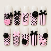 ACEGRIP Ivory Bow press-on nails in white, pink, and black, with bow accents, style DX7088