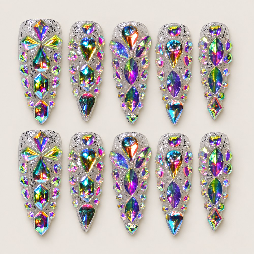 ACEGRIP Silver Jewels press-on nails in silver tones and multiple bright colors, with gem-like accents, style DX7089