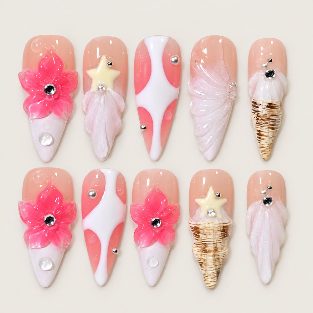 Blush Bloom Shells - Peach Nude Floral & Shell Press-On Nails