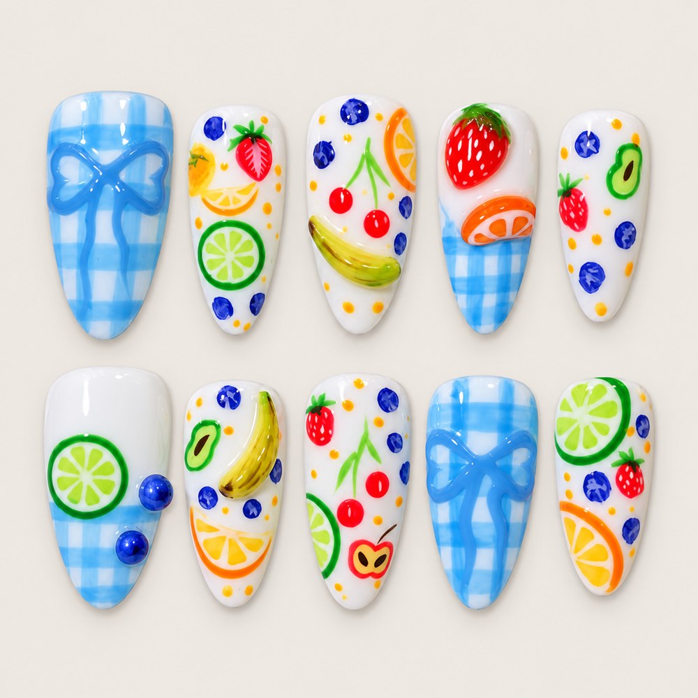 Azure Fruit Market - Blue Fruit & Check And Grid Press-On Nails