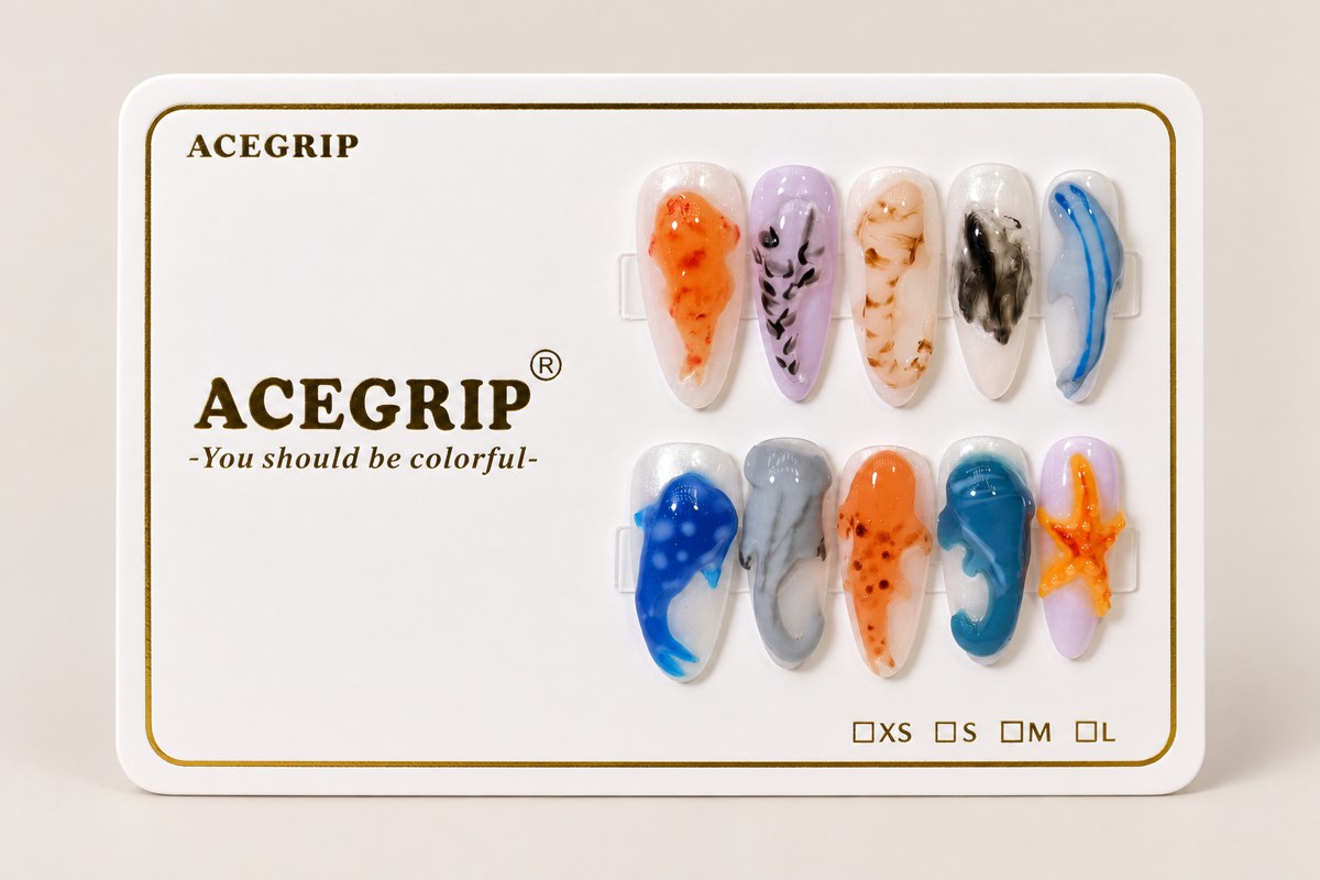 ACEGRIP Ivory Marble Seaside, style DX7093, complete 10-nail set on its presentation card