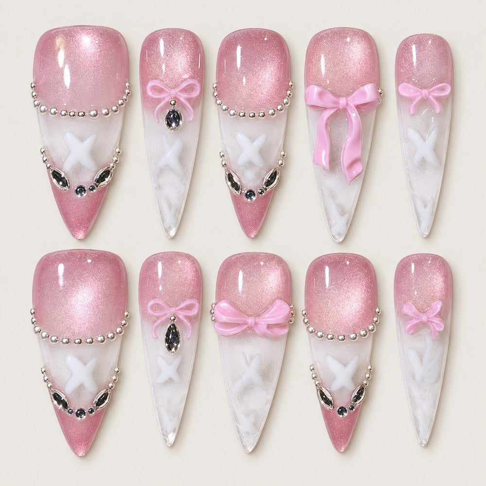 ACEGRIP Rose French Bow press-on nails in pink, white, and silver tones, with French-tip color blocking, style DX7094