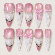ACEGRIP Rose French Bow press-on nails in pink, white, and silver tones, with French-tip color blocking, style DX7094