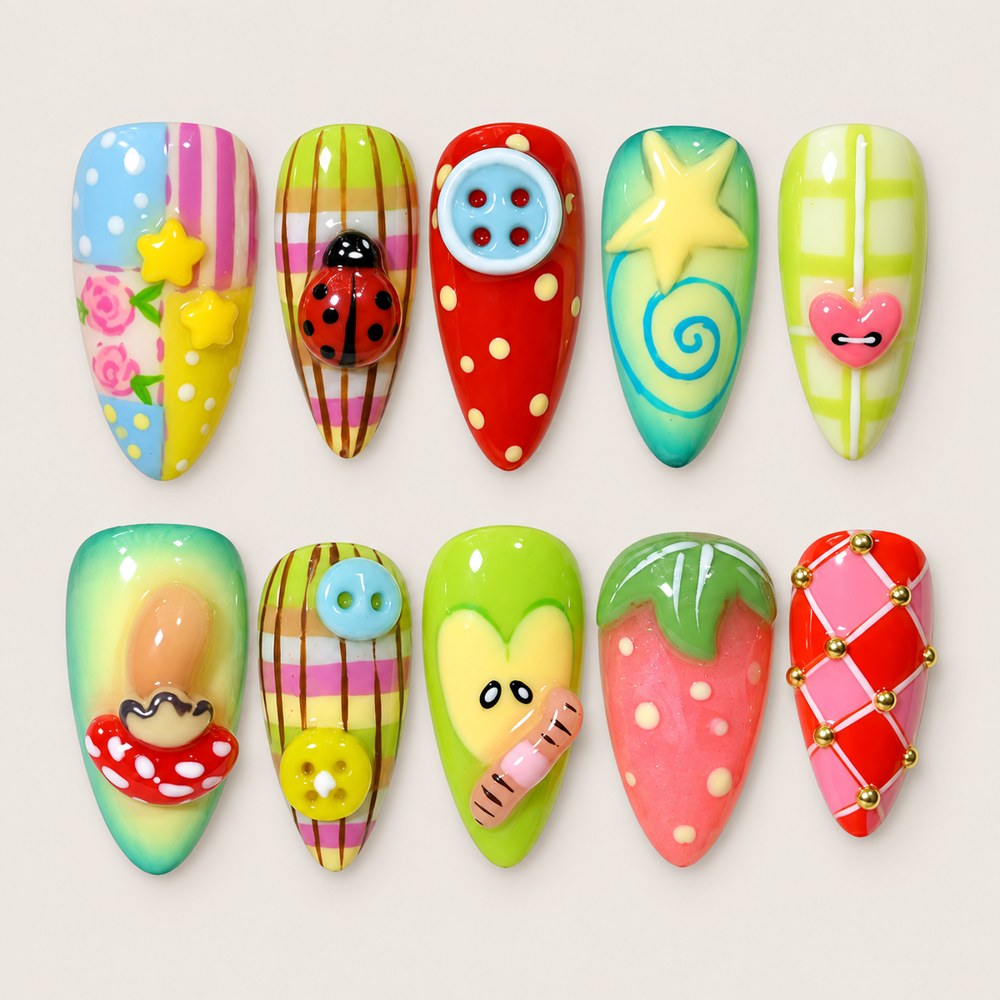 ACEGRIP Prism Buttons press-on nails in multiple bright colors, pink, lime green, and red, with button-like accents, style DX7095