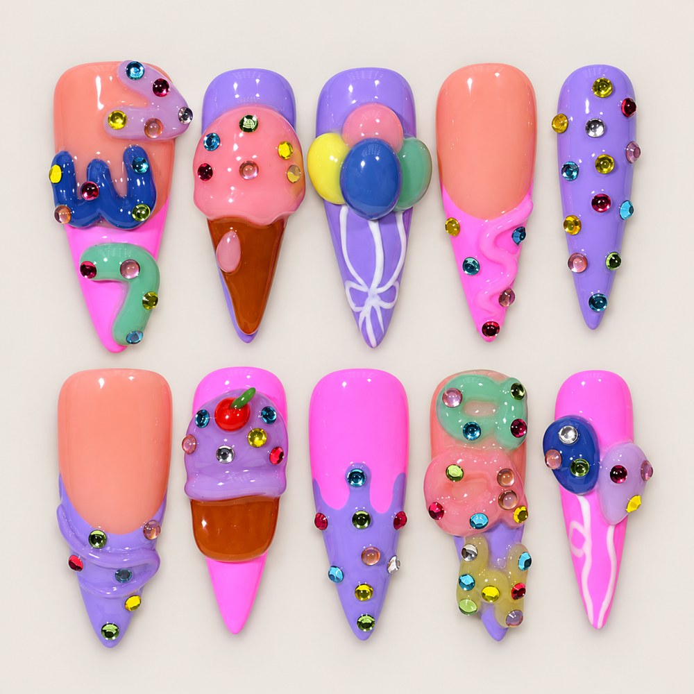 ACEGRIP Blush Candy press-on nails in peach nude, purple, pink, and brown, with dessert and candy accents, style DX7096
