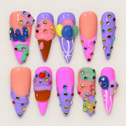 ACEGRIP Blush Candy press-on nails in peach nude, purple, pink, and brown, with dessert and candy accents, style DX7096