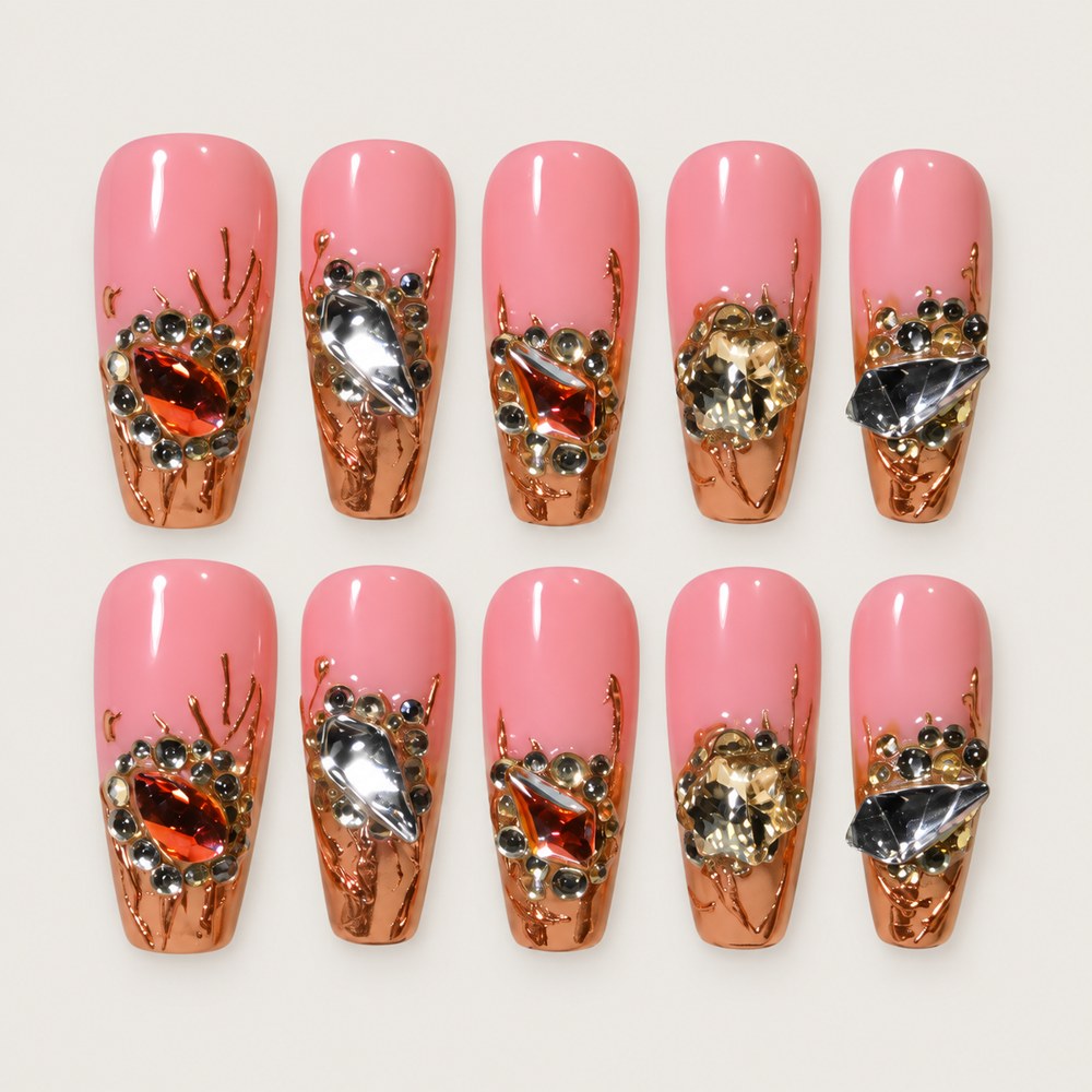 ACEGRIP Rose Treasures press-on nails in pink, brown, and gold tones, with gem-like accents, style DX7097