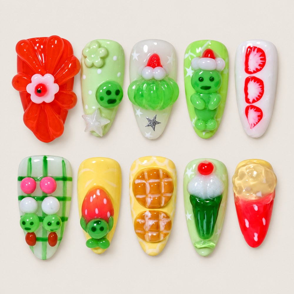 ACEGRIP Scarlet Companions Berry press-on nails in red, green, white, and yellow, with animal accents, style DX7098