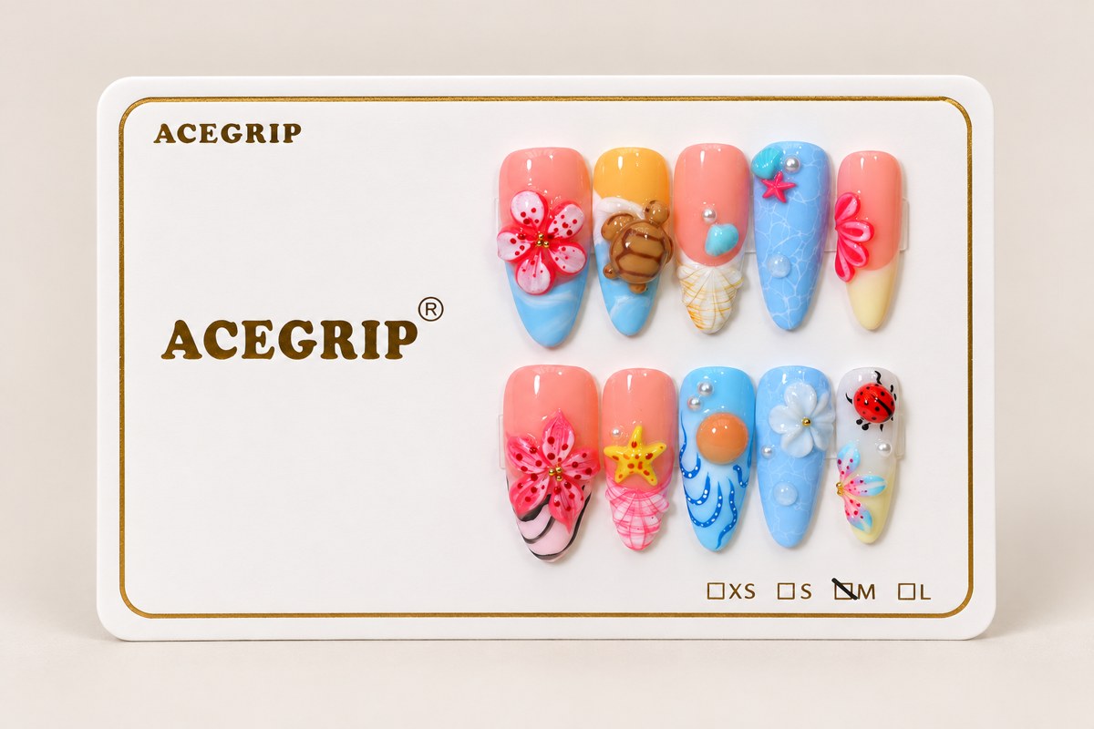 ACEGRIP Blush Tide, style DX7105, complete 10-nail set on its presentation card