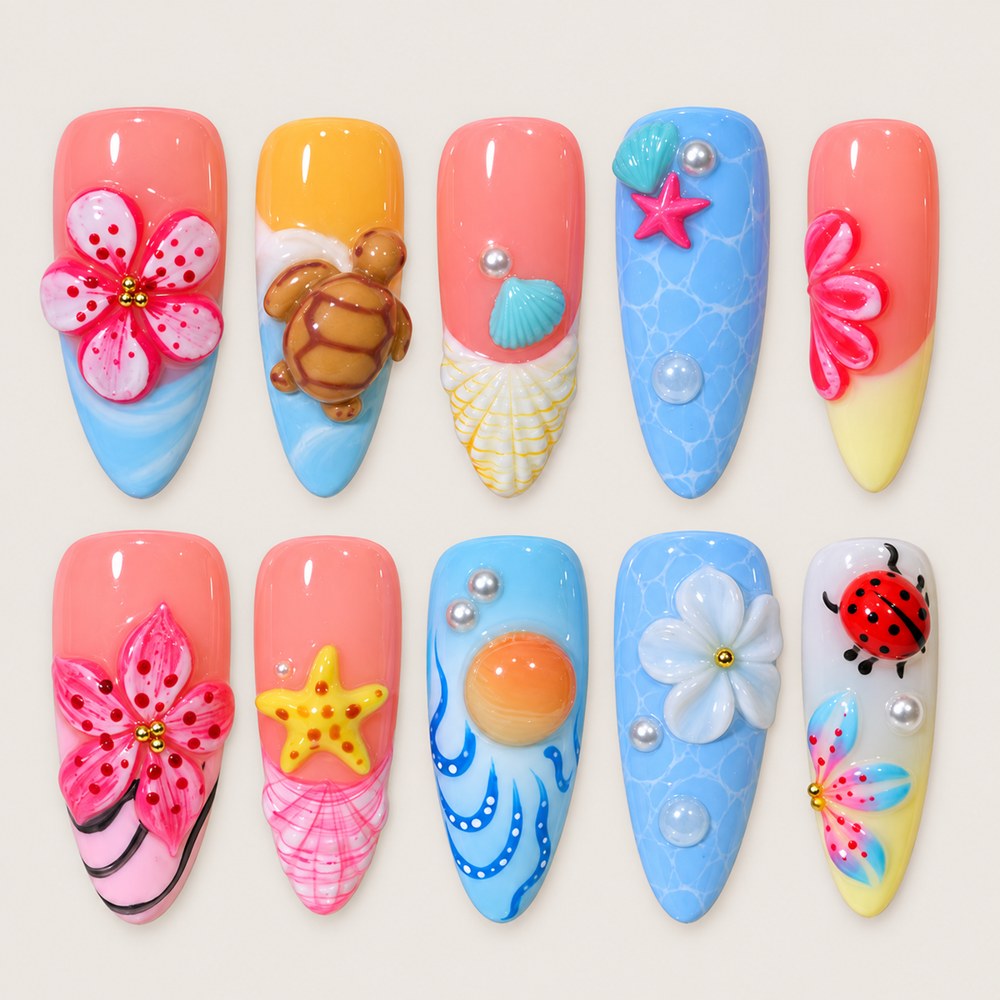 ACEGRIP Blush Tide press-on nails in peach nude, pink, blue, and yellow, with ocean-inspired motifs, style DX7105