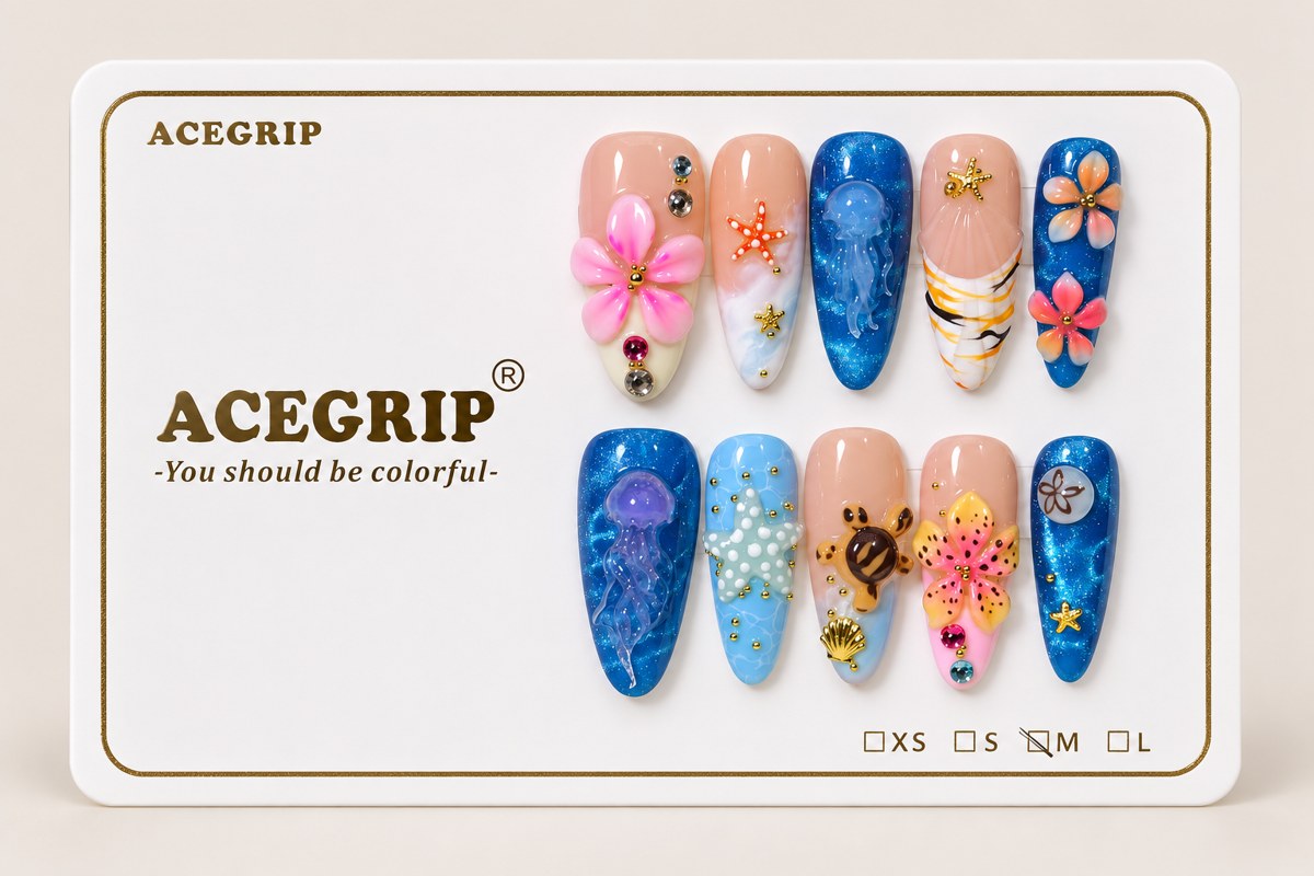 ACEGRIP Blush Petal Seaside, style DX7106, complete 10-nail set on its presentation card