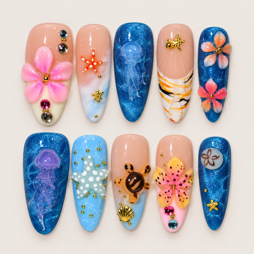Blush Petal Seaside - Peach Nude Floral & Ocean Press-On Nails