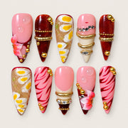 ACEGRIP Rose French Rings press-on nails in pink, red, peach nude, and gold tones, with French-tip color blocking, style DX7108