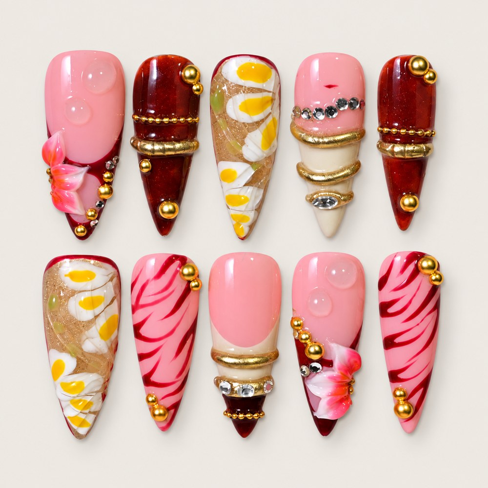 Rose French Rings - Pink French & Ring Press-On Nails