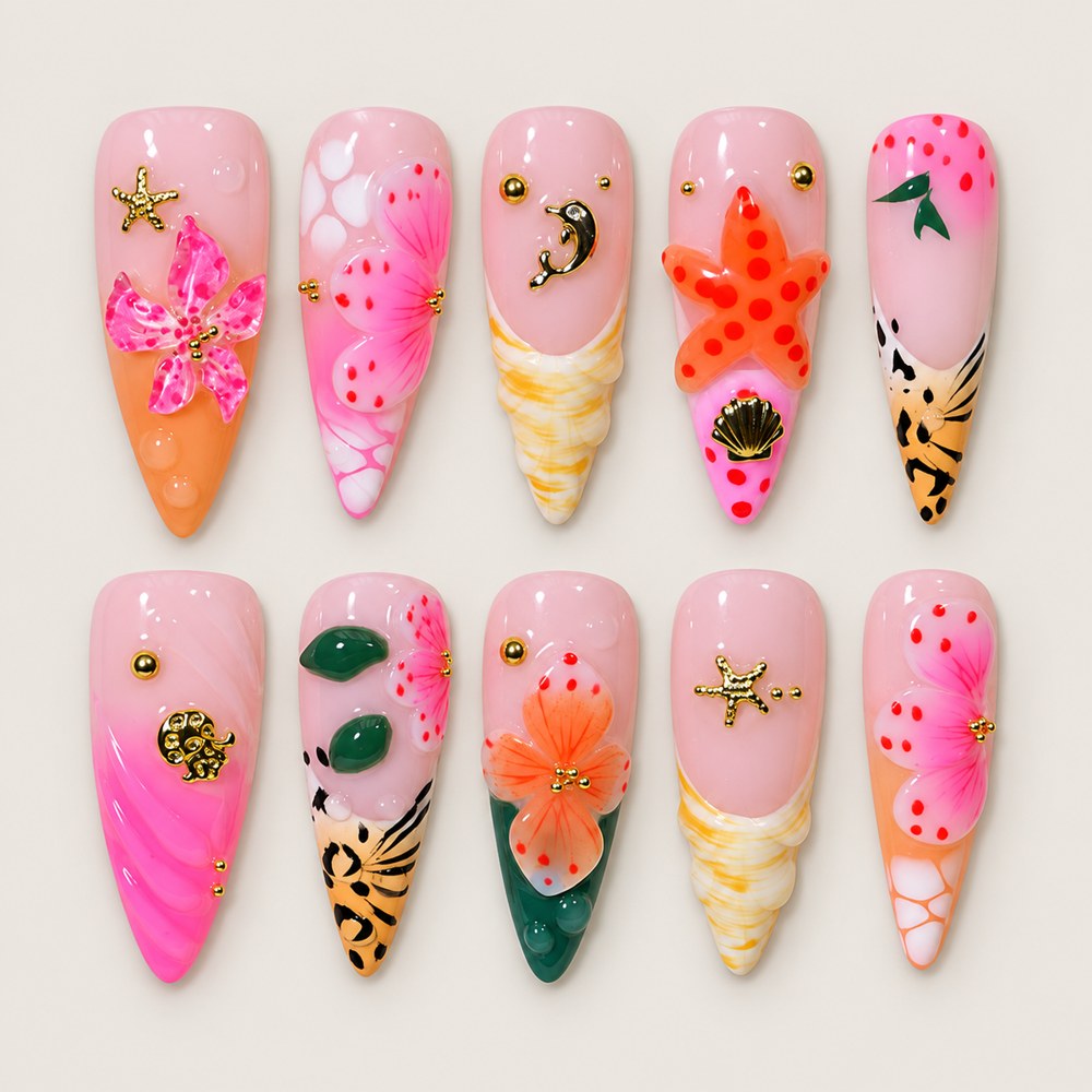 ACEGRIP Blush Coast press-on nails in peach nude, pink, orange, and black, with ocean-inspired motifs, style DX7111