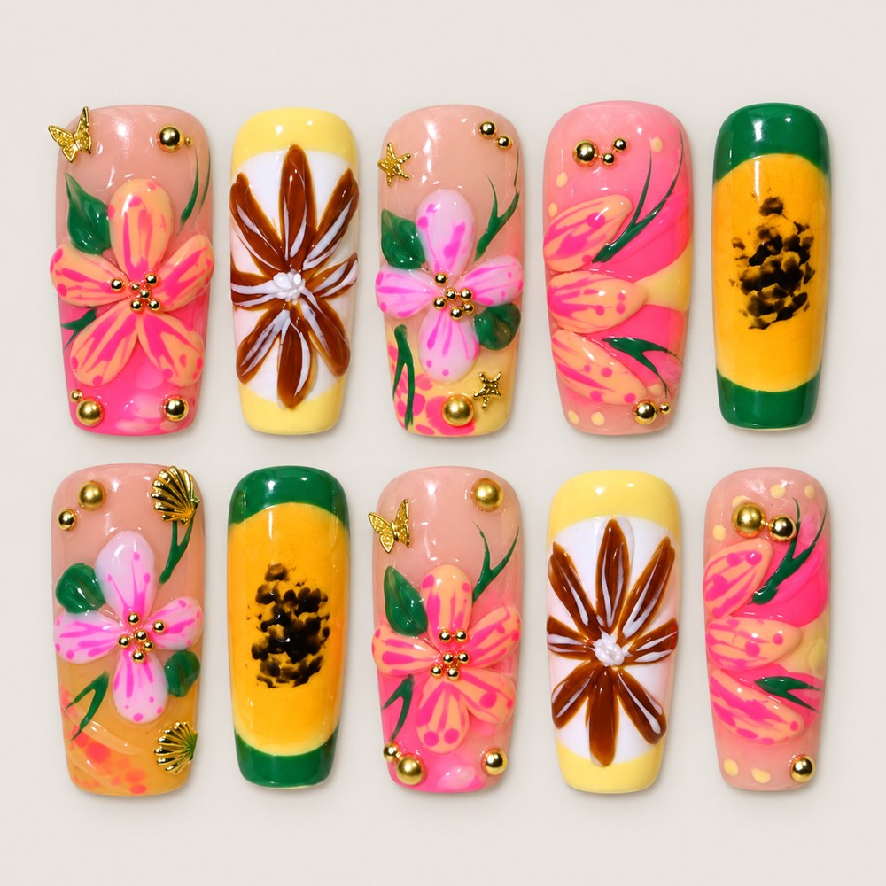 Blush Bloom Leaves - Peach Nude Floral & Leaf Press-On Nails