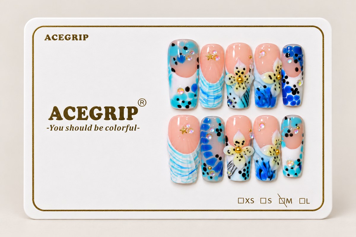 ACEGRIP Blush Petal Spotted, style DX7113, complete 10-nail set on its presentation card
