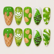 ACEGRIP Jade Treats press-on nails in green, cream, and peach nude, with dessert and candy accents, style DX7114