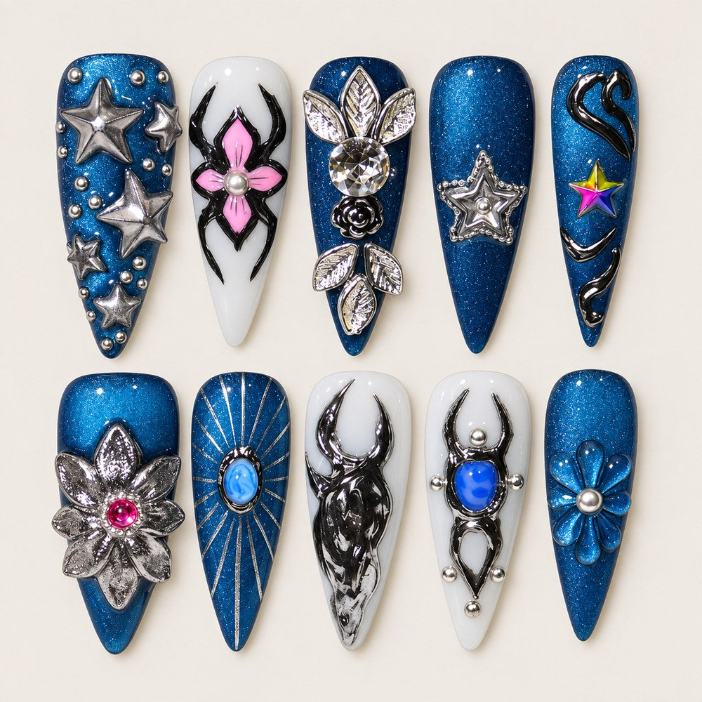 ACEGRIP Azure Starlight Petals press-on nails in blue, white, and silver tones, with star motifs, style DX7115