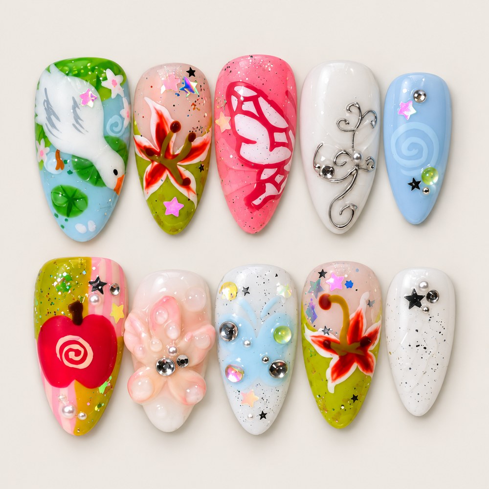 Rose Bloom Spirals - Pink Floral & Spiral Press-On Nails