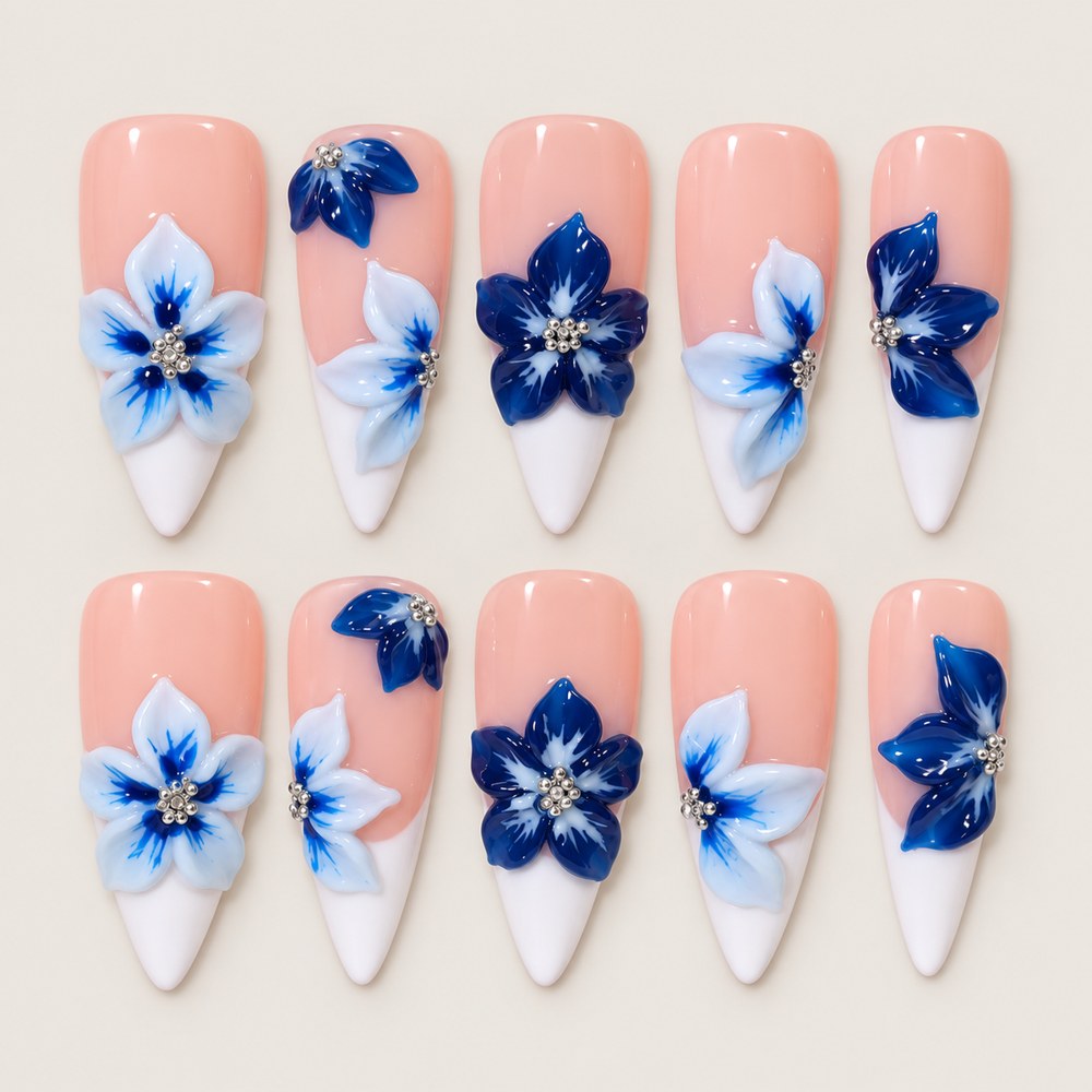 Blush Blossom French - Peach Nude Floral & French Press-On Nails
