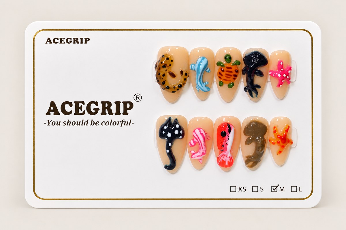 ACEGRIP Blush Seaside Fish Tales, style DX7120, complete 10-nail set on its presentation card