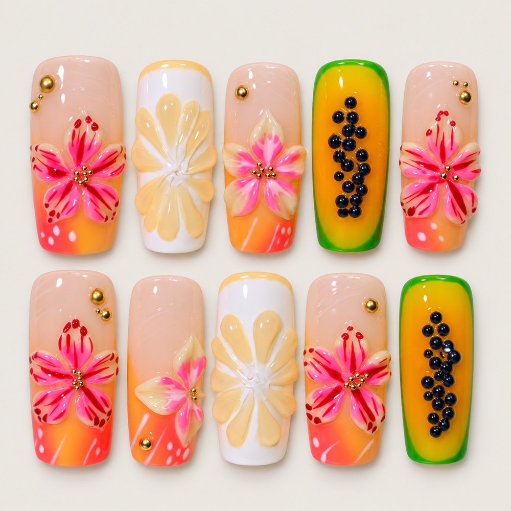 Blush Petal Citrus - Peach Nude Floral & Citrus-Slice Press-On Nails